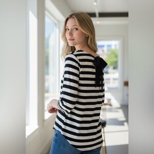 Faith & Joy Black/White Striped top with keyhole and bow in back, size large
